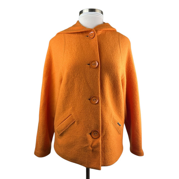 Geiger Austria Boiled Wool Coat Cardigan Jacket Hooded Button Orange Size 36 - Picture 10 of 16